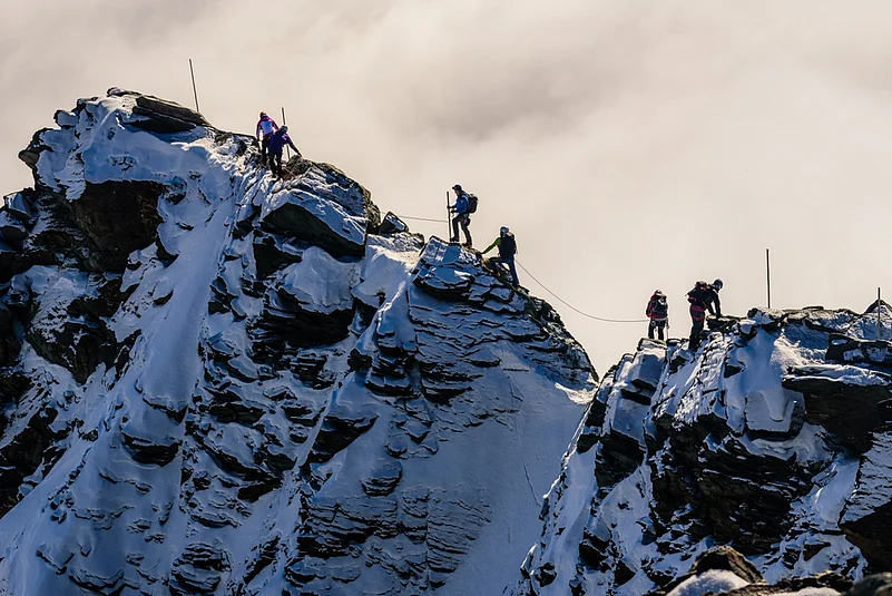 Mountaineers climbing to the highest Austrian mountain, Grossglockner